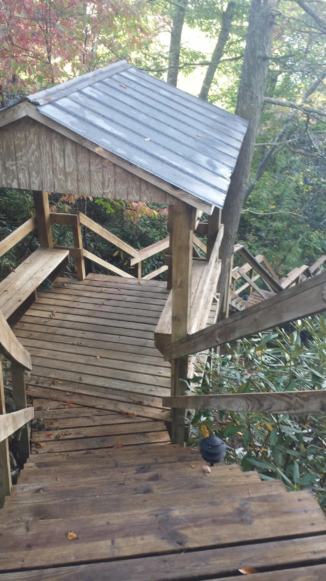 Metal roofed shelter over wooden steps on a wooded walkway — Skylight Repair & Installation work by our crew in Thor